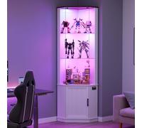 Gurexl 175 CM Vitrina de Esquina con 24 Colores de Luces y Sensor de Movimiento para Estar,Vitrina de Cristal con 3 Estantes Ajustables y 1 Armario,Expositora para Coleccionista Estar Curio,Blanco