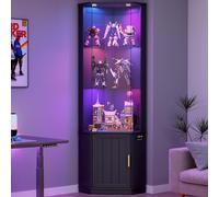Gurexl 175 CM Vitrina de Esquina con 24 Colores de Luces y Sensor de Movimiento para Estar,Vitrina de Cristal con 3 Estantes Ajustables y 1 Armario,Expositora para Coleccionista Estar Curio,Negro