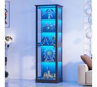Gurexl 180CM Vitrina de Cristal con LED luz y Sensor de Movimiento,Curio Vitrina con Cerradura Vidrio de Cerradura,Vitrinas de 5 Niveles para Colecciones con 3 Estantes Ajustables Negro