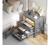 Gurexl 60CM Mesillas de Noche con Función de Carga,Mesitas 2 Cajones con Luces LED,Armarios de Madera Más Anchos con 1 Compartimento Abierto para Dormitorio,Salón,Gris