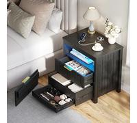 Gurexl 60CM Mesillas de Noche con Función de Carga,Mesitas 2 Cajones con Luces LED,Armarios de Madera Más Anchos con 1 Compartimento Abierto para Dormitorio,Salón,Negro