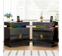 Gurexl Juego de 2 RGB Mesita de Noche con Cajón Oculto y Luces Dinámicas,Mesilla Noche con Sensor de Movimiento y USB,Mesitas 3 Cajones con Escritorio de Alto Brillo para Dormitorio,Salón,Negro