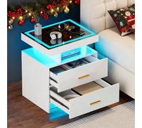 Gurexl Mesita de Noche con Función de Carga,Mesita de Noche con Tapa de Cristal y Luces LED,Mueble de Dormitorio Moderno con Dos Cajones y Carga Inalámbrica para Dormitorio Salón Oficina,Blanco