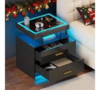Gurexl Mesita de Noche con Función de Carga,Mesita de Noche con Tapa de Cristal y Luces LED,Mueble de Dormitorio Moderno con Dos Cajones y Carga Inalámbrica para Dormitorio Salón Oficina,Negro