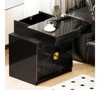 Gurexl RGB Mesita de Noche con Cajón Oculto y Luces Dinámicas,Mesilla Noche con Sensor de Movimiento y USB,Mesitas 3 Cajones con Escritorio de Alto Brillo para Dormitorio,Salón,Negro