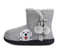 GURGER Zapatillas de Estar por Casa Mujer Altas Invierno Cálidas de Peluche Botines de Casa Pantuflas tipo Bota con Bordado de Dibujo Animado de Animales Perro, Gris 38 39