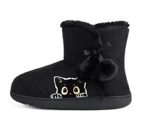 GURGER Zapatillas de Estar por Casa Mujer Altas Invierno Cálidas de Peluche Botines de Casa Pantuflas tipo Bota con Bordado de Dibujo Animado de Animales Gato, Negro 38 39