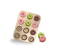 Gurlideo Molde para donas de 12 cavidades, 3 formas, antiadherente, acero al carbono, bandeja para hornear magdalenas, donas, magdalenas, color dorado