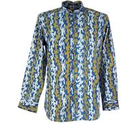 GURU-SHOP, Camisa Casual, Camisa Goa Boho, Camisa de Hombre de Manga Larga con Estampado Africano, Camisa de Cuello Alto, índigo/Curry, Algodón, Tamaño:L, Camisas de Hombre