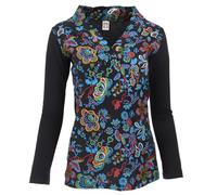 GURU-SHOP, Camisa de Manga Larga Bordada con Cuello en V Flower Power Hippie Chic, Negro/Colorido, Algodón, Tamaño:S (36), Suéteres, Sudaderas de Manga Larga
