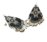 GURU SHOP Joyas indígenas, pendientes bohemios, pendientes étnicos de perlas - negro, 8 x 3 cm