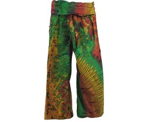 GURU-SHOP, Pantalón de Yoga y Pescador Tailandés de Algodón, Pantalón Batik, Verde, Talla Única, 3/4