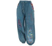 GURU SHOP Pantalones anchos de algodón para mujer, con cintura ancha, bordado de mandala, azul vaquero, 38