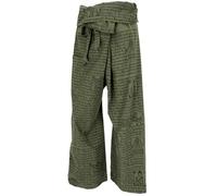 GURU SHOP Pantalones de pescador tailandeses con estampado de mantra de algodón tejido, pantalones de yoga, para hombre/mujer, verde, talla: talla única, verde oliva, Talla única