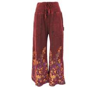 GURU SHOP Pantalones Palazzo de algodón, pantalones hippie con flores, pantalones acampanados para mujer, algodón, ropa alternativa, borgoña, 44