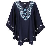 GURU SHOP Poncho hippie bordado, túnica, caftán, vestido de playa, talla grande, para mujer, gris, sintético, talla única, blusas y túnica, ropa