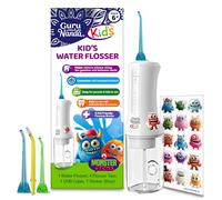 GuruNanda Hilo dental de agua para niños, 4 modos de hilo dental, 4 boquillas, temporizador inteligente de 2 minutos, a partir de 6 años, tema Monster Frens, cuidado bucal portátil para niños