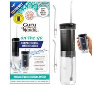 GuruNanda Irrigador bucal dental compacto, tamaño de viaje, con temporizador inteligente y 2 puntas de hilo dental, tanque de 180 ml, color negro