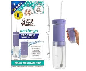 GuruNanda Irrigador bucal dental compacto, tamaño de viaje, con temporizador inteligente y 2 puntas de hilo dental, tanque de 180 ml, lavanda