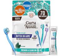 GuruNanda Mini cepillos de dientes desechables de viaje, cerdas Softex, mantequilla en las encías, cepillo de dientes prepegado y palillo de dientes, sin flúor, no necesita enjuague, 70 unidades