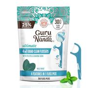 GuruNanda Quad Clean - Púas de hilo dental 4 en 1 con raspador de lengua, pik interdental y palillo de dientes, hilo Dyneema sin triturar, con xilitol y bicarbonato de sodio, 300 unidades