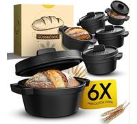 GUSSKÖNIG Mini molde de hierro fundido para hacer pan, 6 x 300 ml, olla de pan con tapa, mini horno holandés horneado para hornear pan, pequeñas ollas de hierro fundido para mini panes, incluye libro