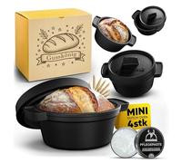 GUSSKÖNIG Mini molde de hierro fundido para pan - 4 x 300 ml Pan con tapa - Mini horno holandés horneado para hornear pan - Pequeñas ollas de hierro fundido para mini panes+libro de recetas y pasta de