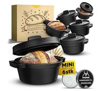 GUSSKÖNIG Mini molde de hierro fundido para pan - 6 cacerolas de 300 ml con tapa - Mini horno holandés horneado para hornear pan - Pequeñas ollas de hierro fundido para mini panes+libro de recetas y
