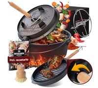 GUSSKÖNIG Olla de Hierro Fundido - Cocotte Dutch Oven 4.5 Litros sin Patas - Cazuela Hierro Fundido 2en1 - Incluye Levantador de Tapa de Madera, Cepillo, Recetario y Salvamanteles [para 1-3 personas]