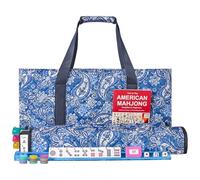 GUSTARIA American Mahjong Game Set, 166 azulejos blancos de calidad, 4 estantes de color todo en uno, juego de azulejos Mahjong con bolsa de transporte impresa azul