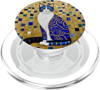 Gustav Klimt Style Tabby Cat Patrón geométrico azul y dorado PopSockets PopGrip para MagSafe