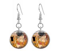 Gustav Klimt The Kiss Artwork - Pendientes temáticos disponibles en estilos de clip y caída., 4cm x 2.1cm, Acero inoxidable, Glass