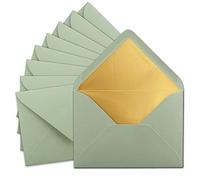Gustav Neuser 100 sobres DIN C5 de 15,7 x 22,5 cm en color verde eucalipto con forro de seda dorado, pegado en húmedo, sobres en blanco, sobres postales sin ventana en formato C5 -