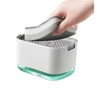 GUSTO Dispensador de jabón líquido con bomba de plástico, 310 ml, dosificador de detergente para platos elegante con soporte para esponja para fregadero de cocina, esponja incluida (Modern White)