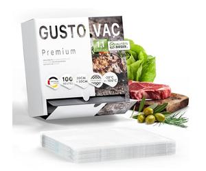GustoVac Bolsa a Vacio PREMIUM - Fabricado en Europa - 100 u. 20 x 30cm - Para Cualquier Envasadora al Vacío - Con Relieves - Adecuada para Cocina Sous Vide - Sellado Extra Fuerte - Con eBook Gratis