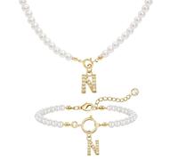 GUSXPPD Collar De Perlas Con Iniciales Juego De Pulseras Juego De Joyas De Perlas Colgante Ajustable Iniciales A-Z Capital Collares Perlas Pulsera Perlas Iniciales Regalos Para Mujeres (Blanco N)