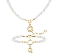 GUSXPPD Collar De Perlas Con Iniciales Juego De Pulseras Juego De Joyas De Perlas Colgante Ajustable Iniciales A-Z Capital Collares Perlas Pulsera Perlas Iniciales Regalos Para Mujeres (Blanco Q)