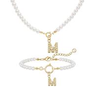 GUSXPPD Collar De Perlas Con Iniciales Juego De Pulseras Juego De Joyas De Perlas Colgante Ajustable Iniciales A-Z Capital Collares Perlas Pulsera Perlas Iniciales Regalos Para Mujeres (Blanco M)