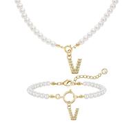 GUSXPPD Collar De Perlas Con Iniciales Juego De Pulseras Juego De Joyas De Perlas Colgante Ajustable Iniciales A-Z Capital Collares Perlas Pulsera Perlas Iniciales Regalos Para Mujeres (Blanco V)