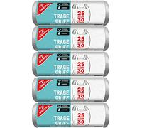 Gut & Günstig 150 bolsas de basura con asa de transporte, 25 litros, 30 unidades por rollo, resistente al desgarro y a prueba de líquidos, producto y embalaje reciclables