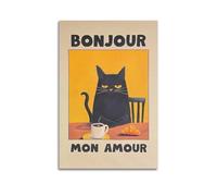 GUTAITER Póster de Le Chat Noir amarillo Bonjour Mon Amour con gato negro, póster motivacional divertido decorativo para pared, impresión en lienzo para habitación estética, 30 x 45 cm, estilo sin