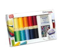 Gutermann Creativ Coselotodo - Juego de 12 bobinas de 100m + alfileres con cabeza de perla PRYM + agujas para máquina de coser universales SCHMETZ, colores surtidos
