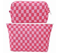 GUTGNK Bolsa de maquillaje a cuadros para mujer, bolsa de cosméticos rosa, bolsa de aseo de viaje de gran capacidad, bolsa de almacenamiento de lona con diseño estético, bonito estuche para lápices,