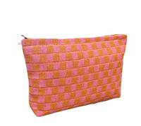 GUTGNK Bolsa de maquillaje a cuadros para mujer, bolsa de cosméticos rosa y naranja, bolsa de aseo de viaje de gran capacidad, bolsa de almacenamiento de lona con diseño estético, bonito estuche para