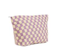 GUTGNK Bolsa de maquillaje a cuadros para mujer, color amarillo y morado, bolsa de aseo de viaje, bolsa de almacenamiento de lona de gran capacidad, diseño estético, bonito estuche para lápices,