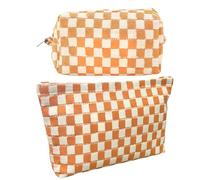 GUTGNK Bolsa de maquillaje a cuadros para mujer, color blanco amarillento, neceser de viaje, bolsa de almacenamiento de lona de gran capacidad, diseño estético, bonito estuche para lápices, amarillo