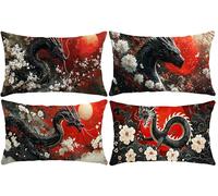 Guuogxan Funda Almohada 40x80cm, Dragón de Flores Funda Cojin Rectangular Pack 4, Fundas Almohadas Patrón Doble Cara, Terciopelo Cojines Sofa con Cremallera Invisible para Decoración Home Cama s-391