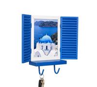 GUUZETU Porta llaves y fotos para ventana mediterránea, llavero montado en la pared con 2 ganchos rústicos para llaves y estante flotante, marco de fotos decorativo para fotos de viaje (Blue)