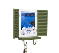 GUUZETU Porta llaves y fotos para ventana mediterránea, llavero montado en la pared con 2 ganchos rústicos para llaves y estante flotante, marco de fotos decorativo para fotos de viaje (Green)