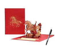 GUUZETU Tarjetas de feliz año nuevo chino de caballos: decoraciones de tarjetas de felicitación de caballos con estampado en caliente emergentes en 3D, con rotulador, postal hecha a mano (2Set)